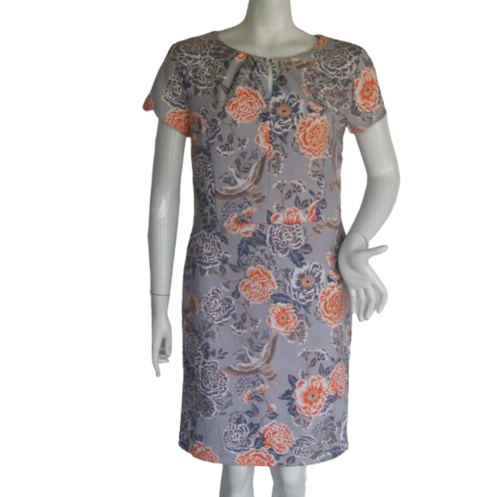 BANANA REPUBLIC FACTORY Dress, 10, Gray Floral/Birds, Keyhole, Short Sleeves